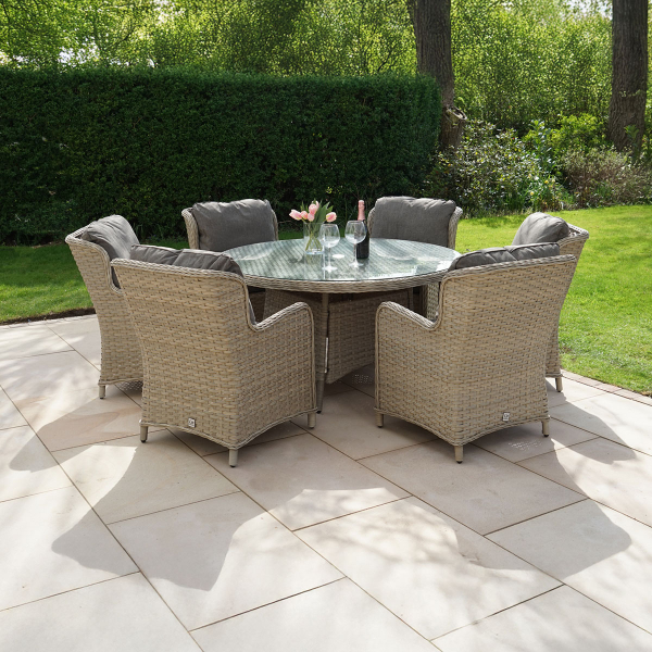 Liv Outdoors - Ascot 6 Seat Rattan Dining Set with 1.4m Round Table in Brown