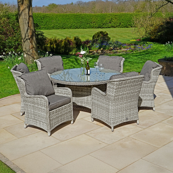 Liv Outdoors - Ascot 6 Seat Rattan Dining Set with 1.4m Round Table in Grey