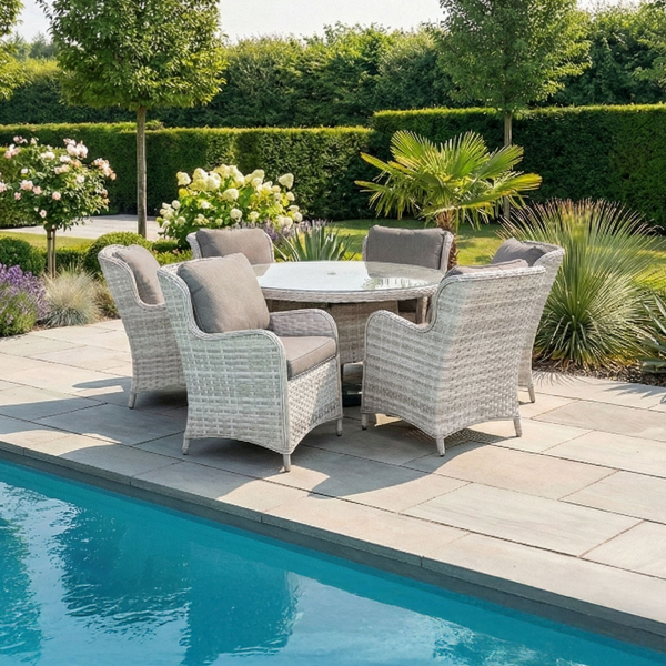 Liv Outdoors - Ascot 6 Seat Rattan Dining Set with 1.4m Round Table in Light Grey