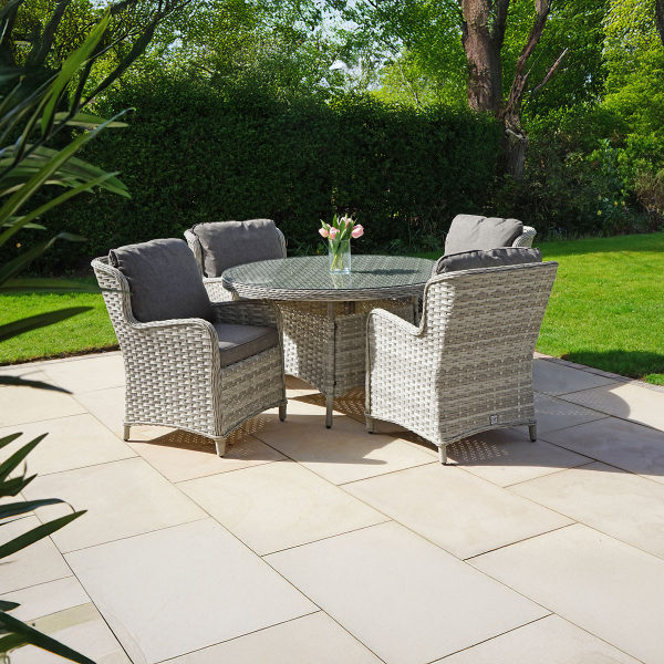 Liv Outdoors - Ascot 4 Seat Rattan Dining Set with 1.3m Round Table in Light Grey