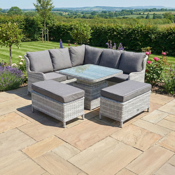 Liv Outdoors - Ascot Sofa Dining Set 2m x 2m with Rising Square Table in Light Grey