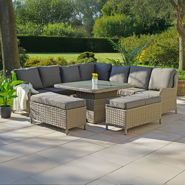 Liv Outdoors - Ascot Sofa Dining Set 2.58m x 2.58m with Large Rising Square Table in Brown