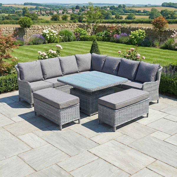 Liv Outdoors - Ascot Sofa Dining Set 2.58m x 2.58m with Large Rising Square Table in Grey