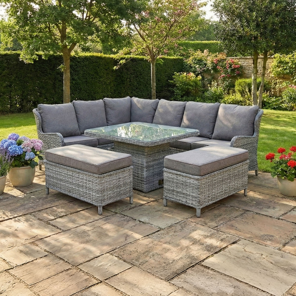 Liv Outdoors - Ascot Sofa Dining Set 2.58m x 2m with Rising Table in Grey