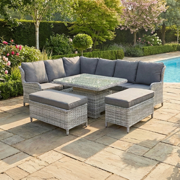 Liv Outdoors - Ascot Sofa Dining Set 2.58m x 2m with Rising Table in Light Grey