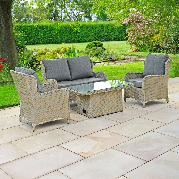 Liv Outdoors - Ascot 2 Seater Sofa & 2 Armchair with Rising Table in Brown