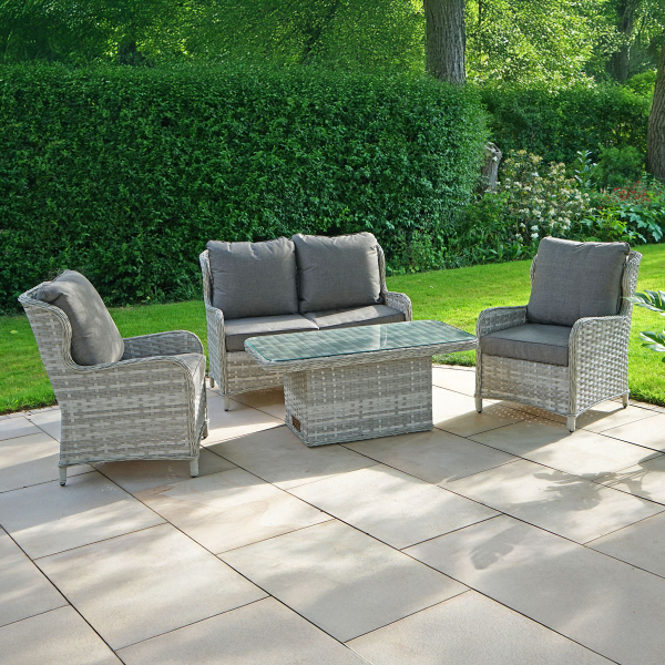 Liv Outdoors - Ascot 2 Seater Sofa & 2 Armchair with Rising Table in Light Grey