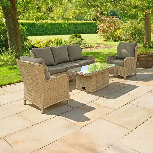 Liv Outdoors - Ascot 3 Seater Sofa & 2 Armchair with Rising Table in Brown