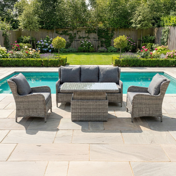 Liv Outdoors - Ascot 3 Seater Sofa & 2 Armchair with Rising Table in Grey