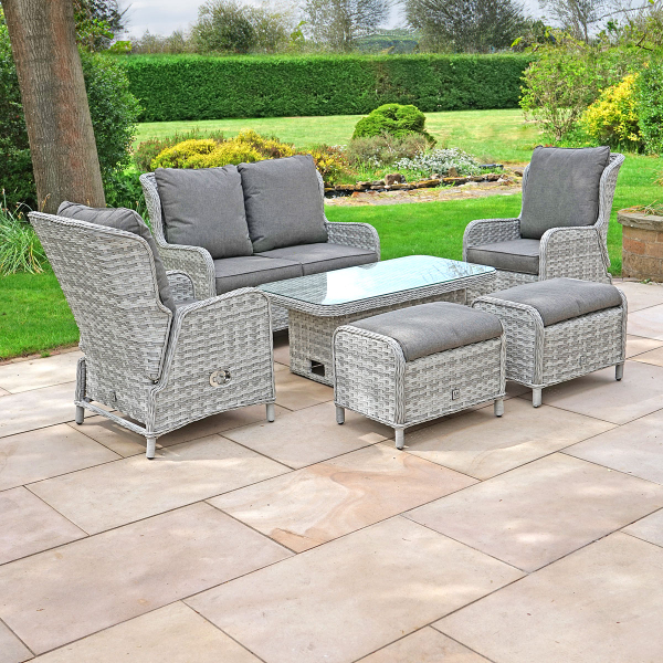 Liv Outdoors - Ascot 2 Seater Sofa, 2 Reclining Armchair & 2 Stools with Rising Table in Light Grey
