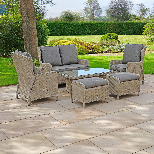 Liv Outdoors - Ascot 2 Seater Sofa, 2 Reclining Armchair & 2 Stools with Rising Table in Brown