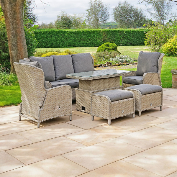 Liv Outdoors - Ascot 3 Seater Sofa, 2 Recliner Armchair & 2 Stools with Rising Table in Brown