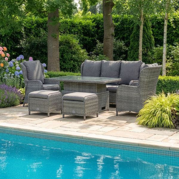 Liv Outdoors - Ascot 3 Seater Sofa, 2 Recliner Armchair & 2 Stools with Rising Table in Grey