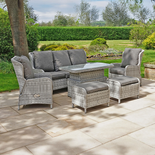 Liv Outdoors - Ascot 3 Seater Sofa, 2 Recliner Armchair & 2 Stools with Rising Table in Light Grey