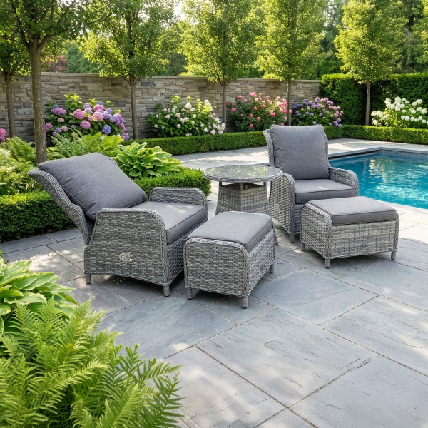 Liv Outdoors - Ascot Rattan Reclining Bistro Set with Table & Stools in Grey