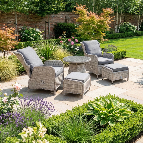 Liv Outdoors - Ascot Rattan Reclining Bistro Set with Table & Stools in Light Grey