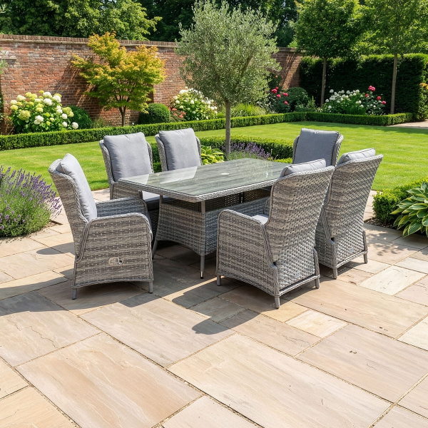 Liv Outdoors - Ascot 6 Seat Rattan Reclining Dining Set with Rectangular Table in Grey