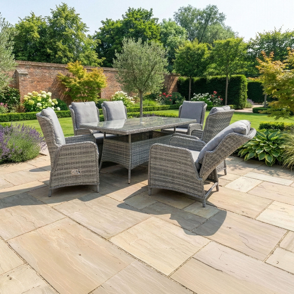 Liv Outdoors - Ascot 6 Seat Rattan Reclining Dining Set with Rectangular Table