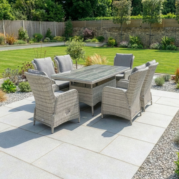 Liv Outdoors - Ascot 6 Seat Rattan Reclining Dining Set with Rectangular Table in Light Grey