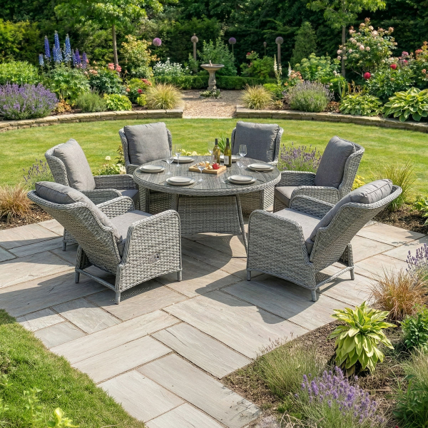 Liv Outdoors - Ascot 6 Seat Rattan Reclining Dining Set with 1.4m Round Table