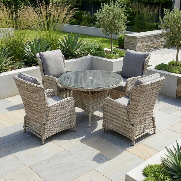 Liv Outdoors - Ascot 4 Seat Rattan Reclining Dining Set with 1.3m Round Table in Brown