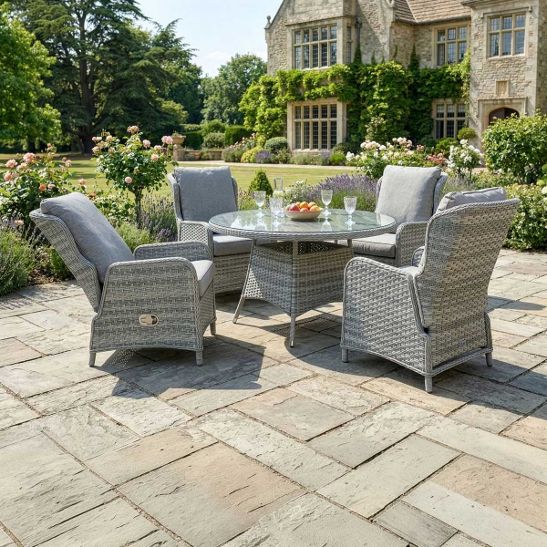 Liv Outdoors - Ascot 4 Seat Rattan Reclining Dining Set with 1.3m Round Table in Grey