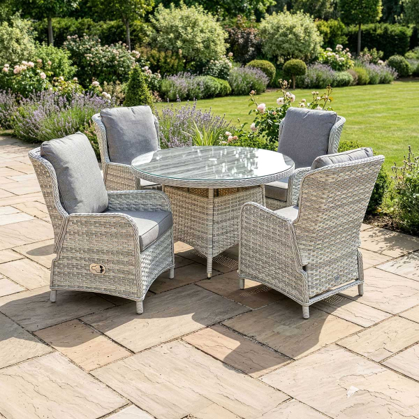 Liv Outdoors - Ascot 4 Seat Rattan Reclining Dining Set with 1.3m Round Table in Light Grey