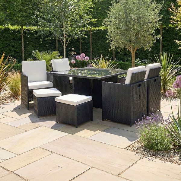 Harts - Premium 8 Seat Cube Rattan Dining Set in Black with Cover