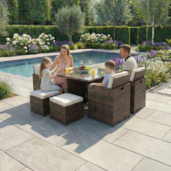 Harts - Premium 8 Seat Cube Rattan Dining Set in Brown with Cover