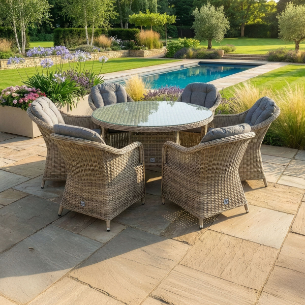 Liv Outdoors - Windsor 6 Seat Rod Weave 1.35m Round dining set in Willow