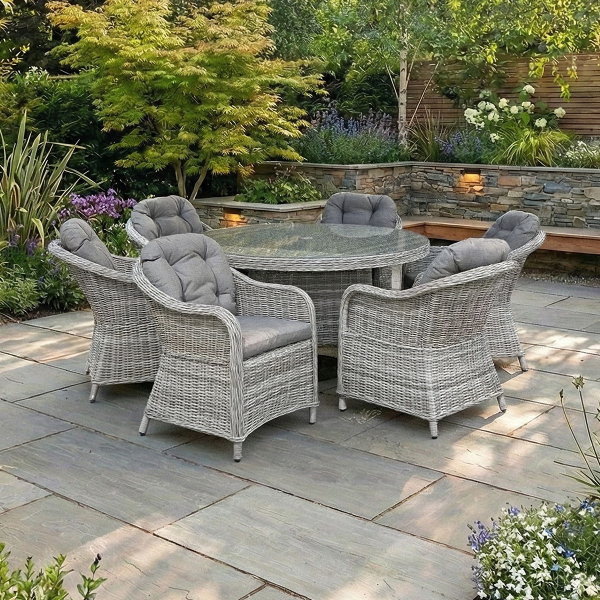 Liv Outdoors - Windsor 6 Seat Rod Weave 1.35m Round dining set in Light Grey