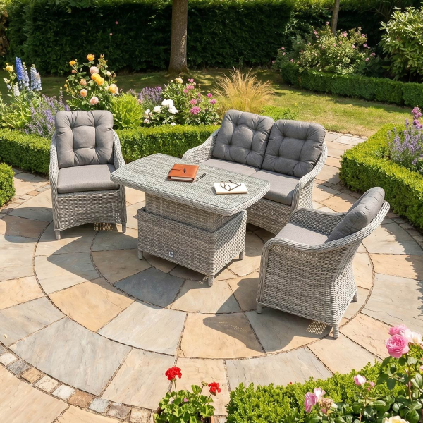 Liv Outdoors - Windsor Rattan 2 Seater Sofa, 2 Armchair with Rising Table in Light Grey