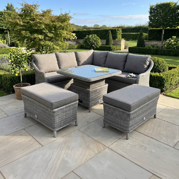 Liv Outdoors - Windsor Rattan Corner Sofa Dining Set with Square Rising Table in Grey