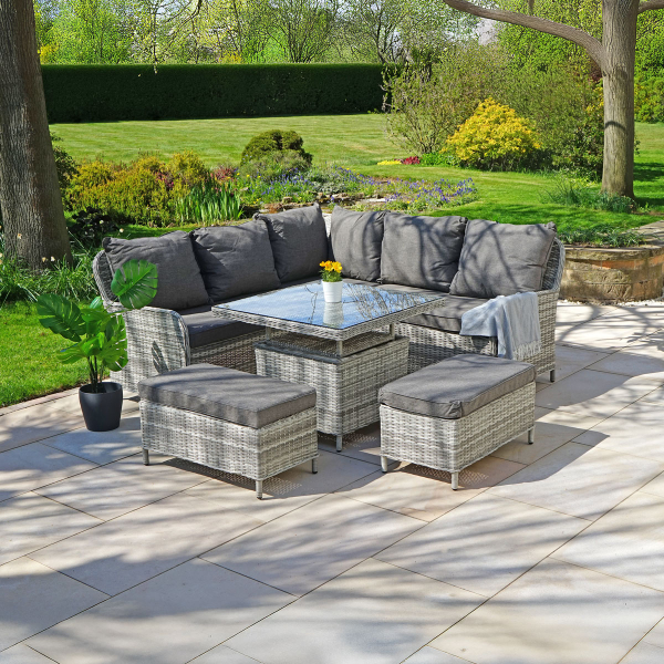 Liv Outdoors - Windsor Corner Sofa Dining Set with Square Rising Table in Light Grey