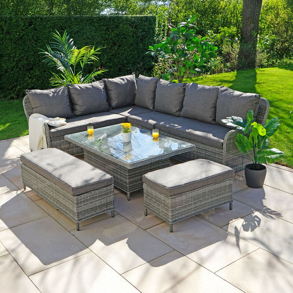 Liv Outdoors - Windsor Corner Sofa Dining Set with Large Rising Table in Grey