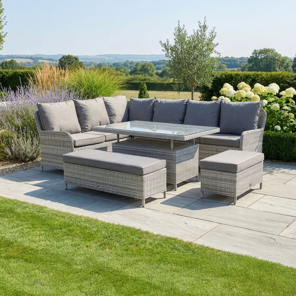 Liv Outdoors - Windsor Corner Sofa Dining Set with Large Rising Table in Light Grey