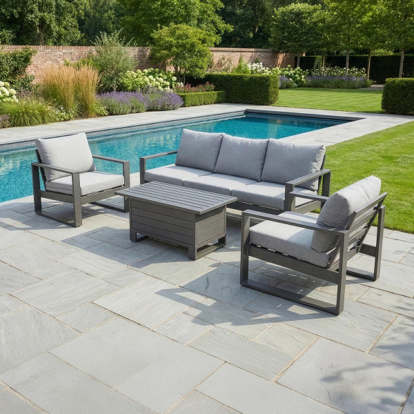 Liv Outdoors - Riviera Aluminium 3 Seater Sofa & 2 Armchair Set & Rising Table
