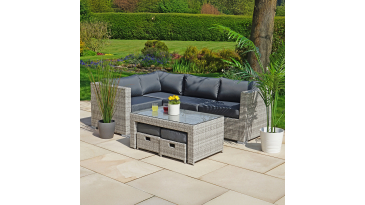 Liv Outdoors - Kingston Corner Recliner Rattan Sofa with Table & Stools - 218CM X 152cm - Light Grey