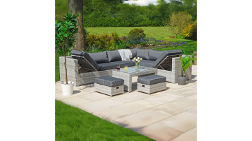 Liv Outdoors - Kingston Corner Recliner Rattan Sofa with Table & Stools - 284 x 218cm - Light Grey