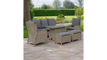 Liv Outdoors - Ascot 3 Seater Sofa, 2 Recliner Armchair & 2 Stools with Rising Table in Brown