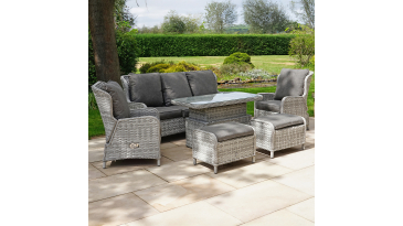 Liv Outdoors - Ascot 3 Seater Sofa, 2 Recliner Armchair & 2 Stools with Rising Table in Light Grey