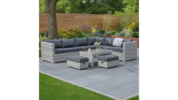 Liv Outdoors - Kingston Corner Recliner Rattan Sofa with Table & Stools - 284 x 218cm - Light Grey