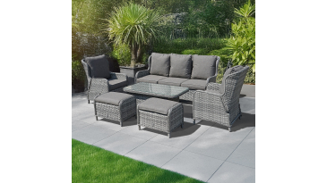 Liv Outdoors - Ascot 3 Seater Sofa, 2 Recliner Armchair & 2 Stools with Rising Table in Grey