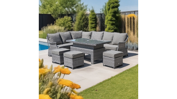 Liv Outdoors - Heritage Rattan Sofa Dining Set with Rising Large Table in Grey