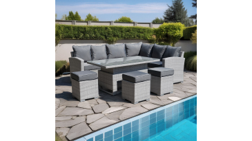 Liv Outdoors - Kingston Rattan Sofa Dining Set with Large Rising Table 245cm x 185cm in Light Grey