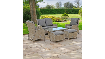 Liv Outdoors - Ascot 2 Seater Sofa, 2 Recliner Armchair & 2 Stools with Rising Table in Brown