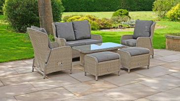 Liv Outdoors - Ascot 2 Seater Sofa, 2 Recliner Armchair & 2 Stools with Rising Table