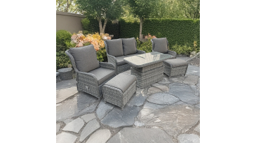 Liv Outdoors - Ascot 2 Seater Sofa, 2 Recliner Armchair & 2 Stools with Rising Table in Grey
